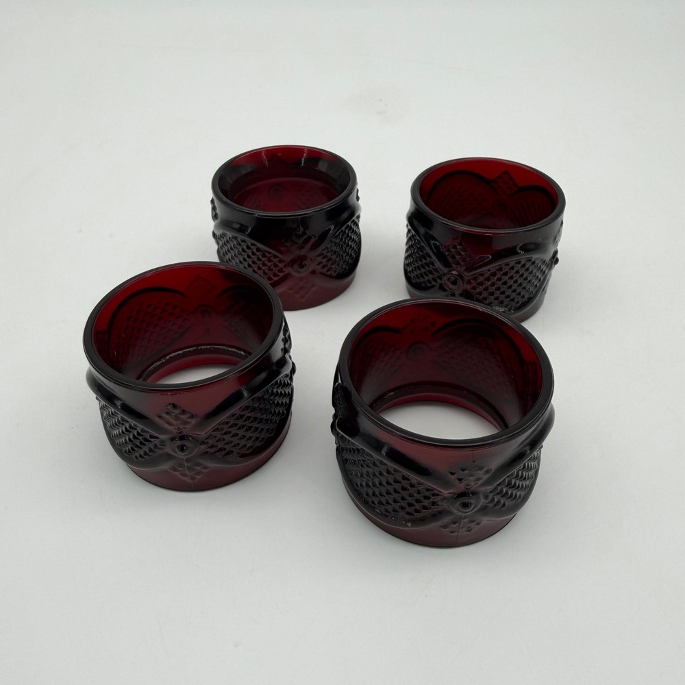 Set of 4 - Avon Napkin Rings Ruby Red Pressed Glass The 1876 Cape Cod Collection